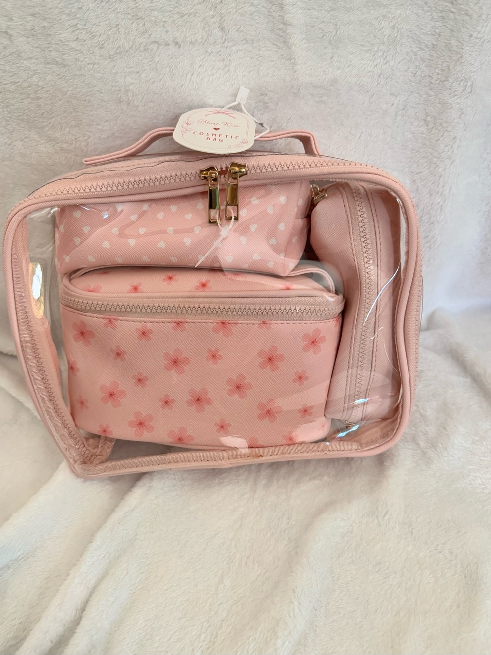 Pink Floral Clear Cosmetic Travel Bag Set